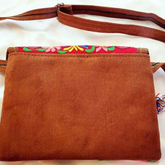 Handbag Faux Suede Multicolor Floral Embroidered Shoulder Tote Bag - Picture 4 of 4